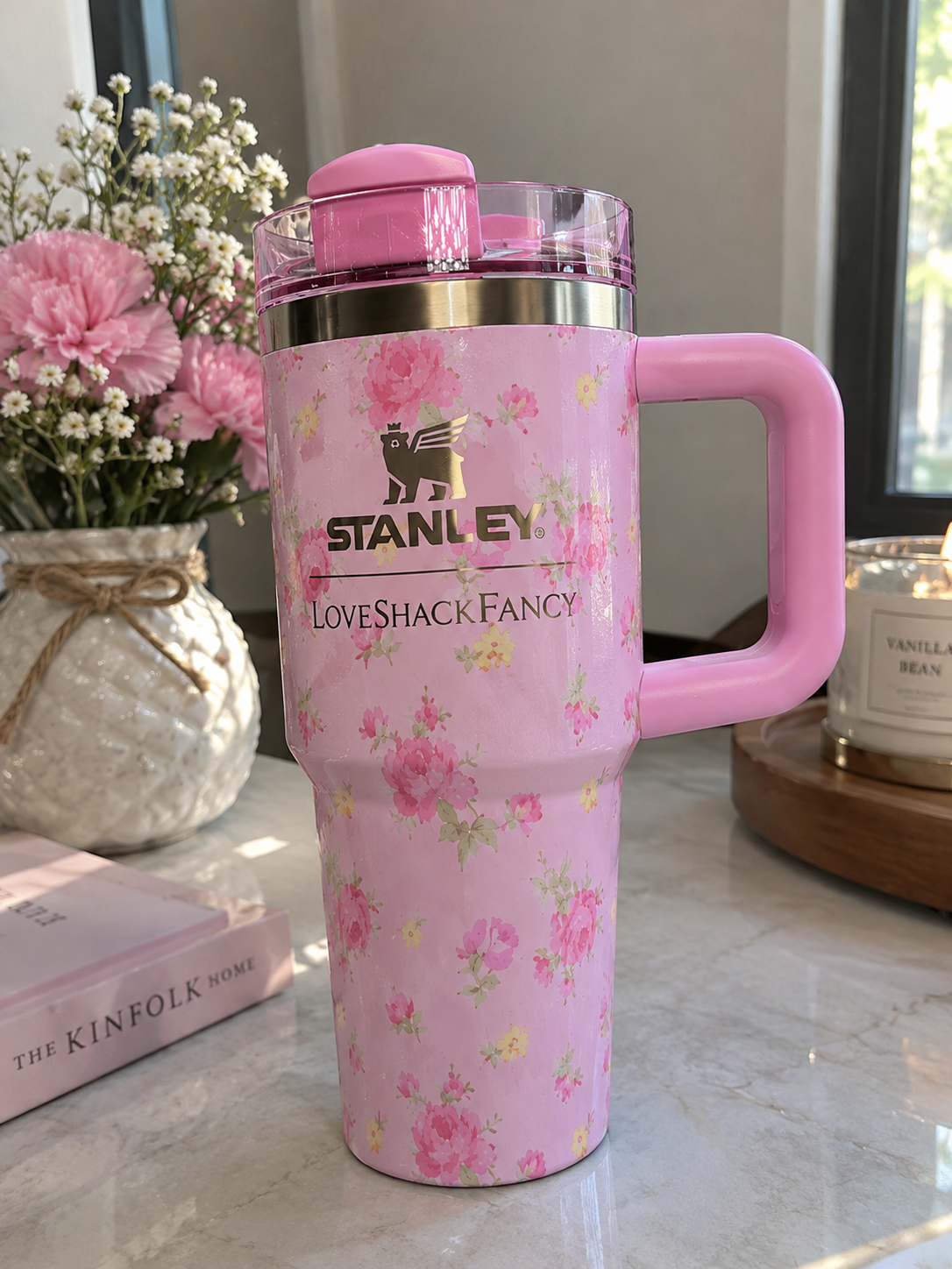 Pink Floral Tumbler with Handle & Straw β 40 oz Insulated Travel Cup with Gift Box