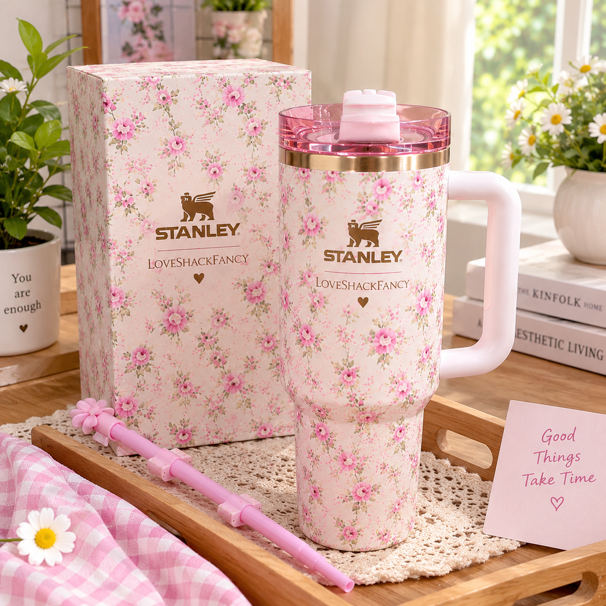 Pink Floral Tumbler with Handle – Insulated Travel Cup with Straw | Cute Reusable Coffee & Water Cup