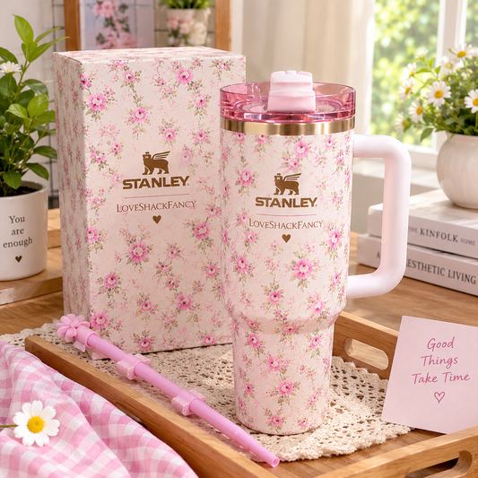 Pink Floral Tumbler with Handle – Insulated Travel Cup with Straw | Cute Reusable Coffee & Water Cup
