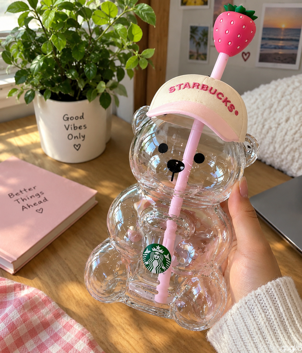 Strawberry Bear Tumbler with Straw & Lid – Cute Bear-Shaped Reusable Drinking Cup, Pink Aesthetic Drinkware