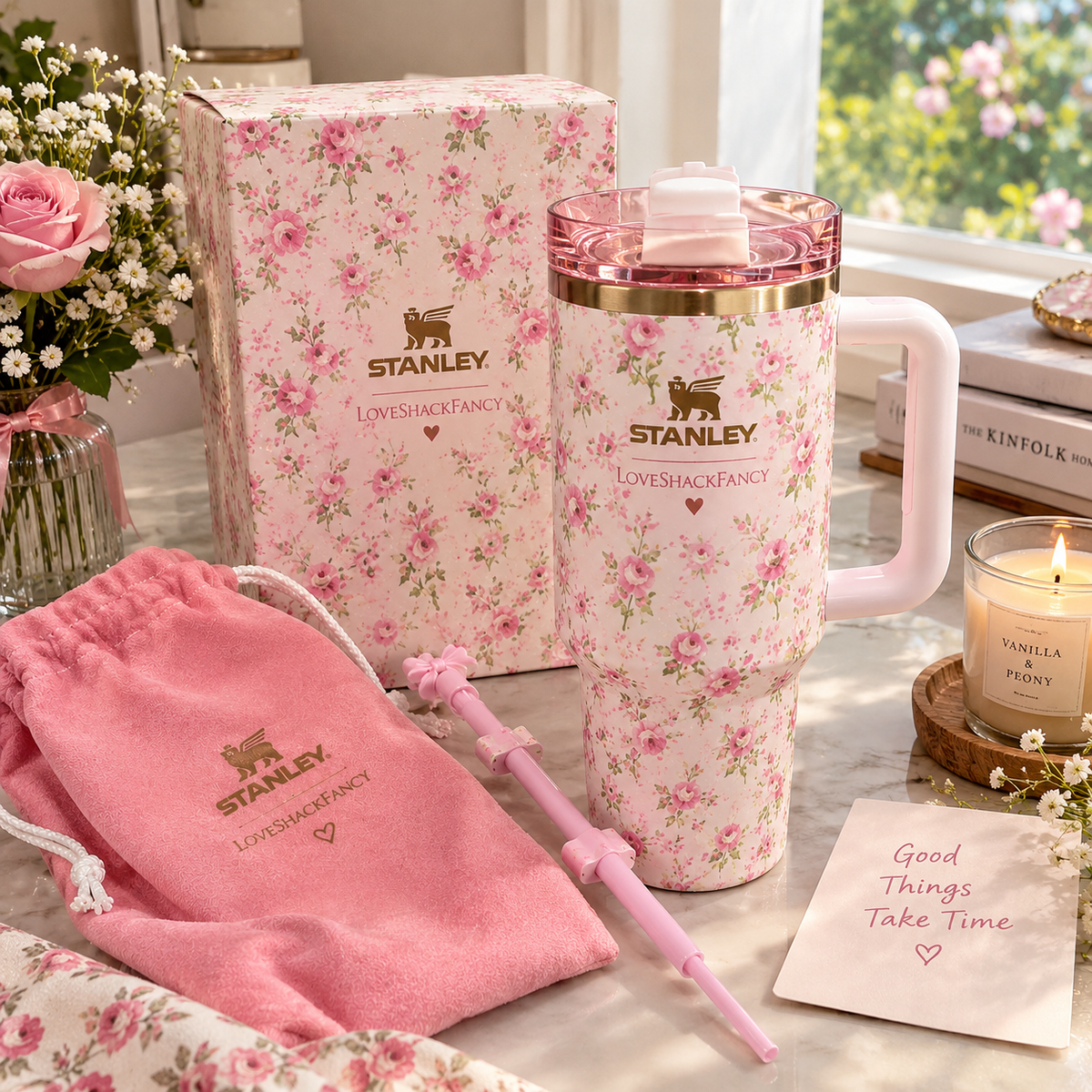 Pink Floral Tumbler with Handle – Insulated Travel Cup with Straw | Cute Reusable Coffee & Water Cup