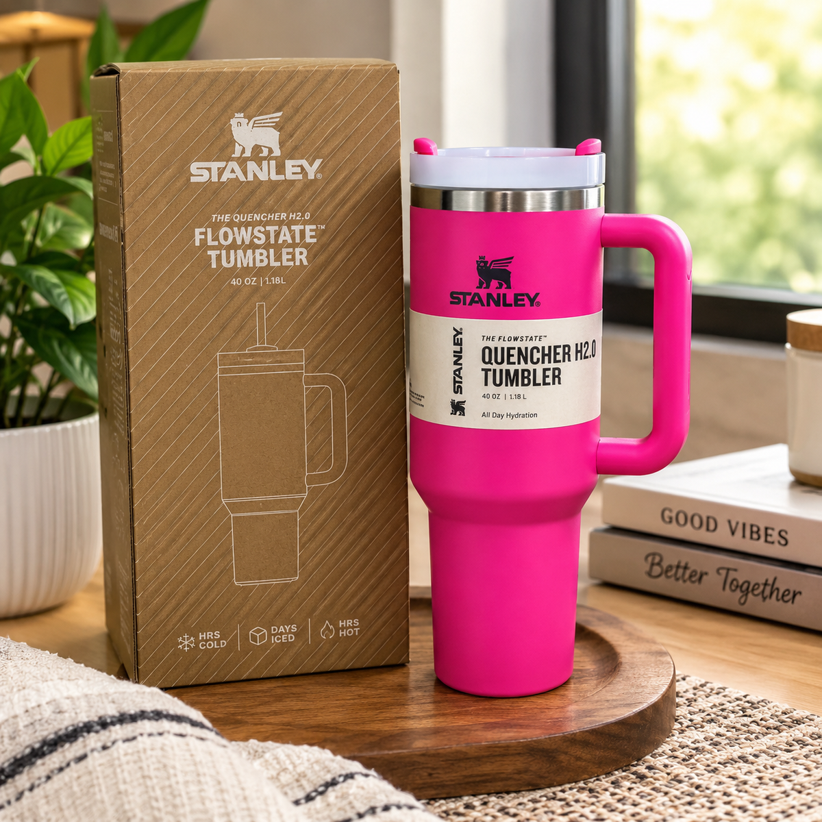 Hot Pink 40 oz Insulated Tumbler with Handle & Straw – Large Reusable Travel Cup