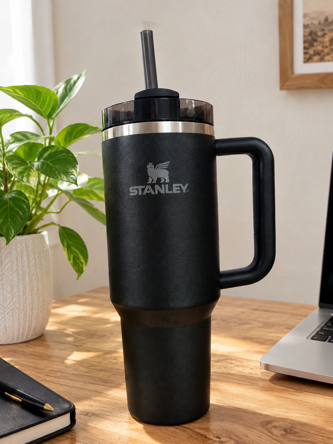 Black 40 oz Insulated Tumbler with Handle – Large Reusable Travel Cup with Lid