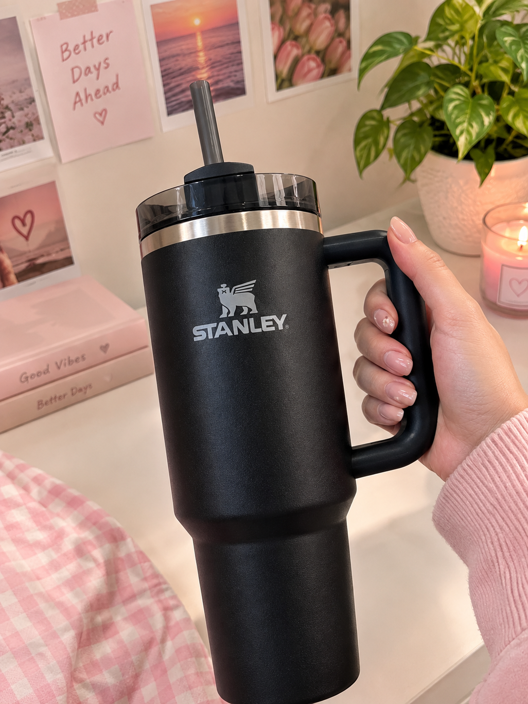 Black 40 oz Insulated Tumbler with Handle – Large Reusable Travel Cup with Lid