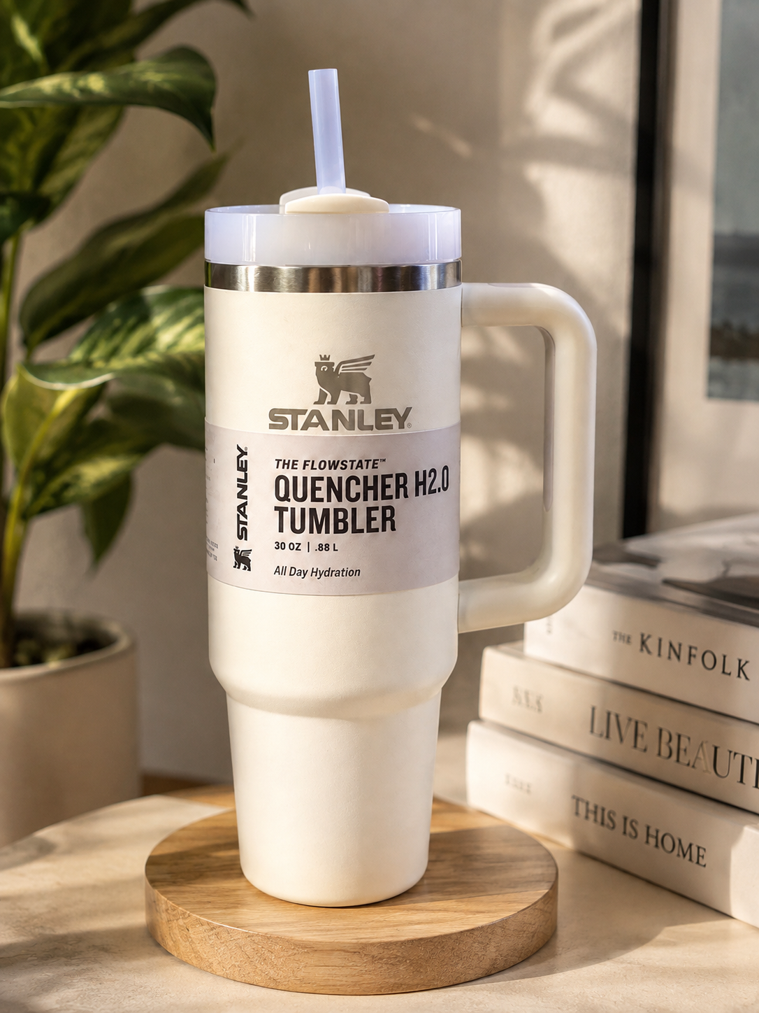White 30 oz Insulated Tumbler with Handle & Straw – Reusable Travel Cup with Lid