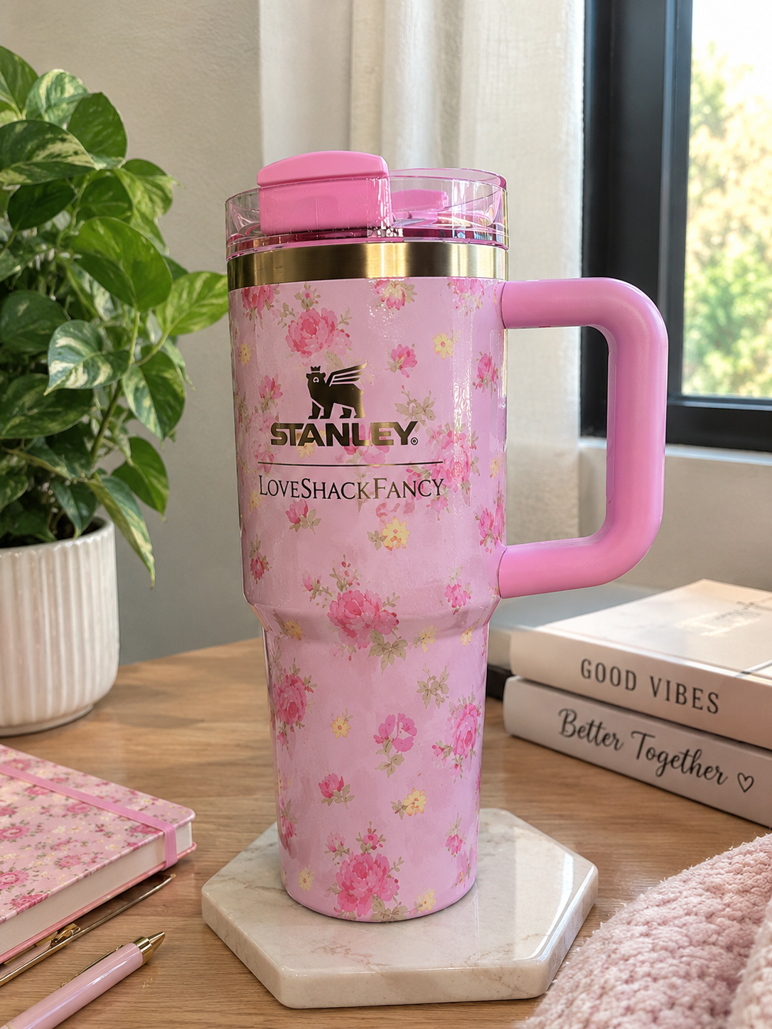 Pink Floral Tumbler with Handle & Straw – 40 oz Insulated Travel Cup with Gift Box
