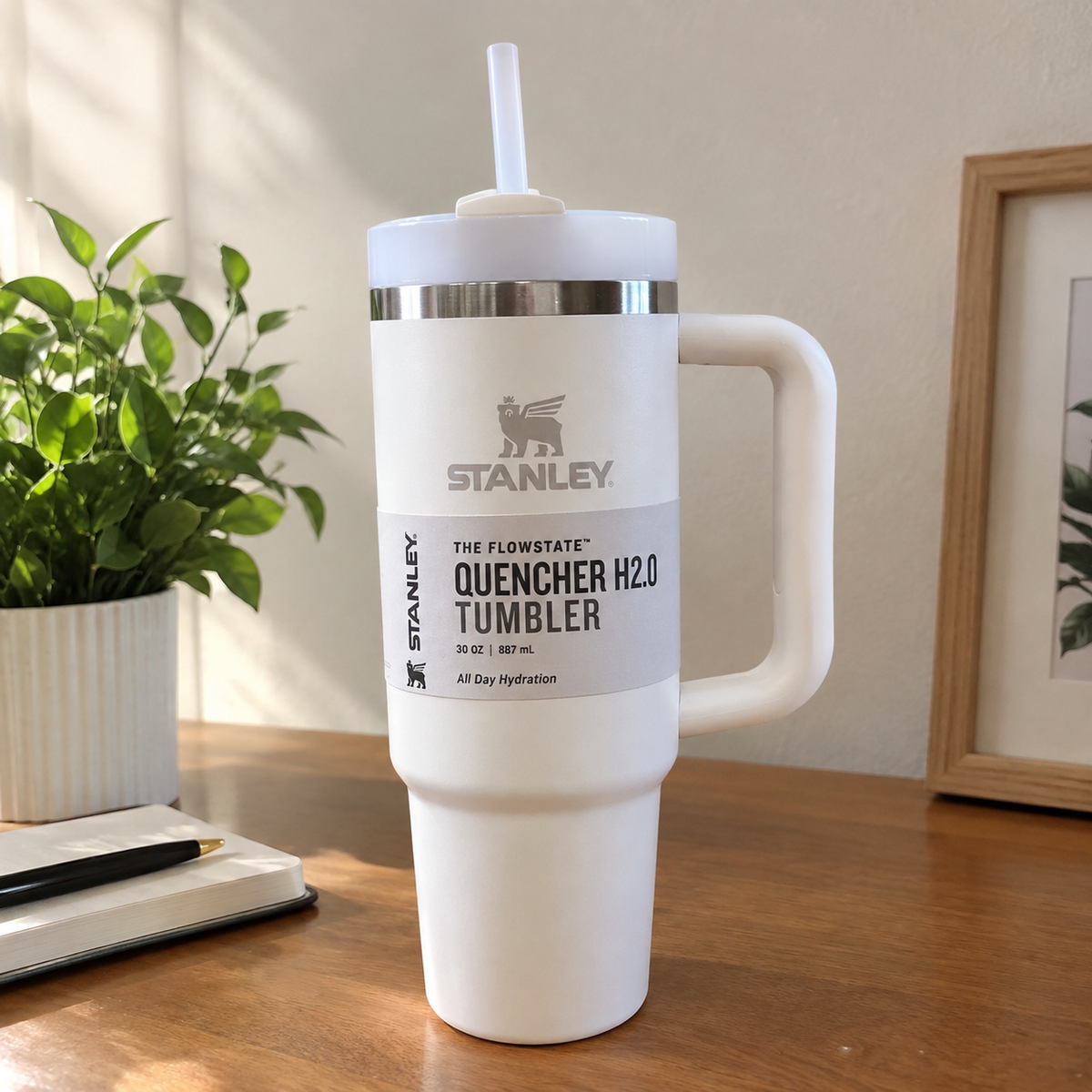 White 30 oz Insulated Tumbler with Handle & Straw – Reusable Travel Cup with Lid