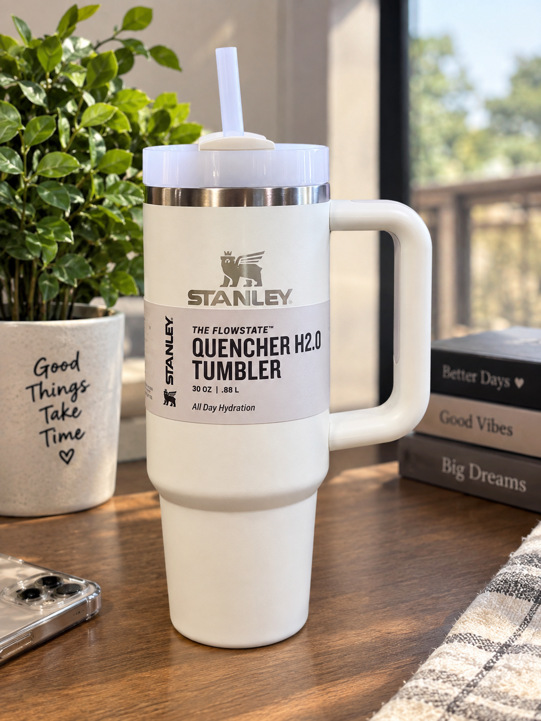 White 30 oz Insulated Tumbler with Handle & Straw – Reusable Travel Cup with Lid