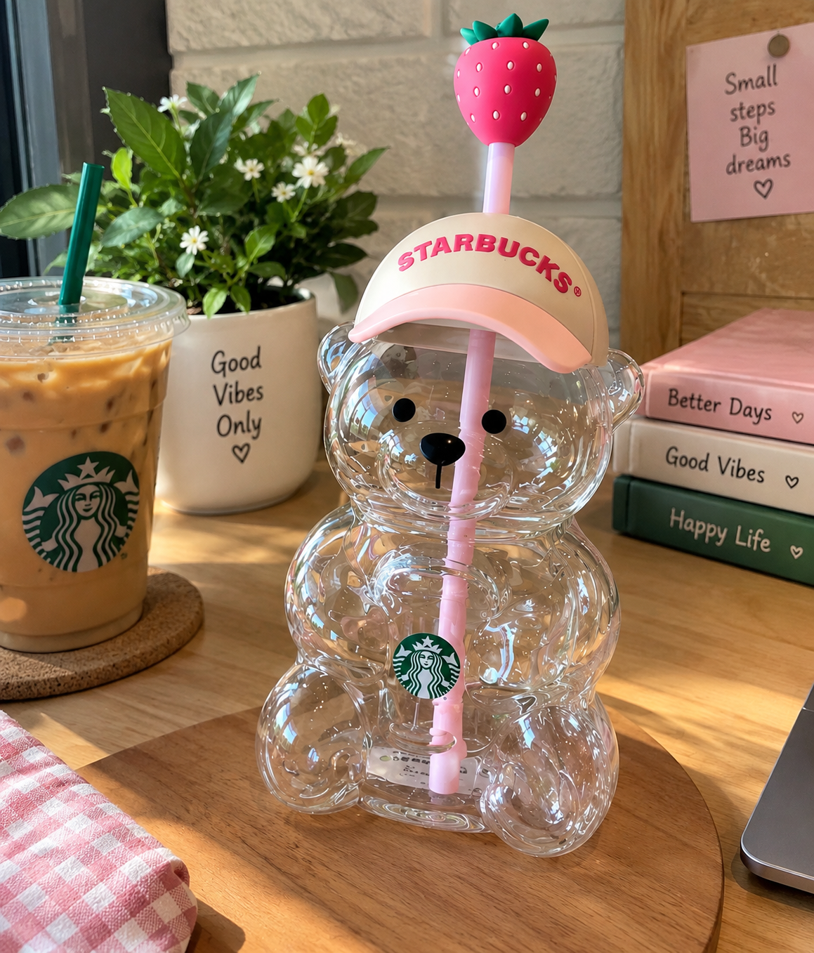 Strawberry Bear Tumbler with Straw & Lid – Cute Bear-Shaped Reusable Drinking Cup, Pink Aesthetic Drinkware