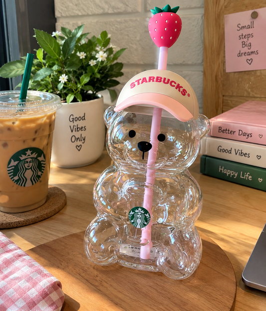 Strawberry Bear Tumbler with Straw & Lid – Cute Bear-Shaped Reusable Drinking Cup, Pink Aesthetic Drinkware