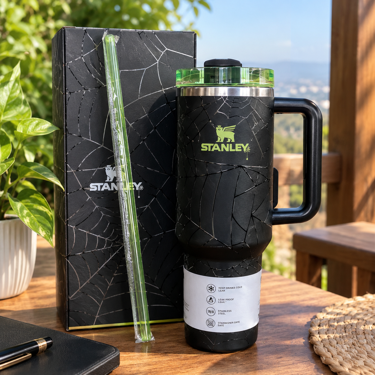 Black Spider Web Tumbler with Handle – Insulated Travel Cup with Lid & Reusable Straw