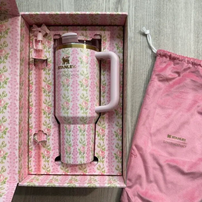 Pink Floral Tumbler with Handle – Insulated Travel Cup with Straw | Cute Reusable Coffee & Water Cup