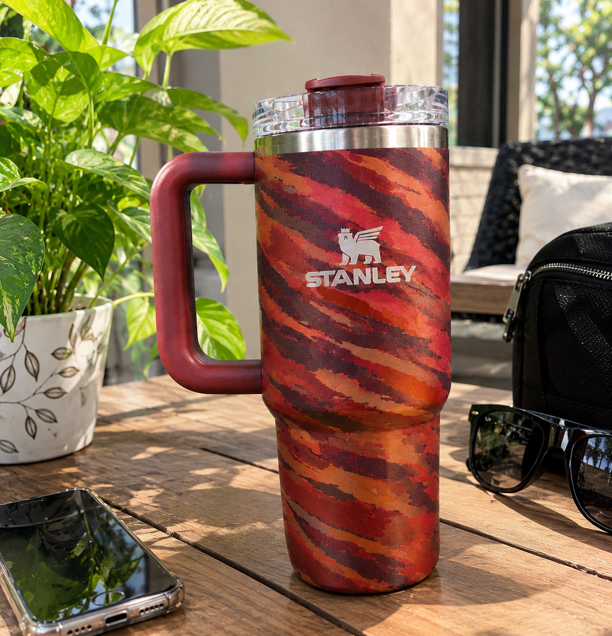 Camo Insulated Tumbler with Handle & Straw – Large Reusable Travel Cup with Lid