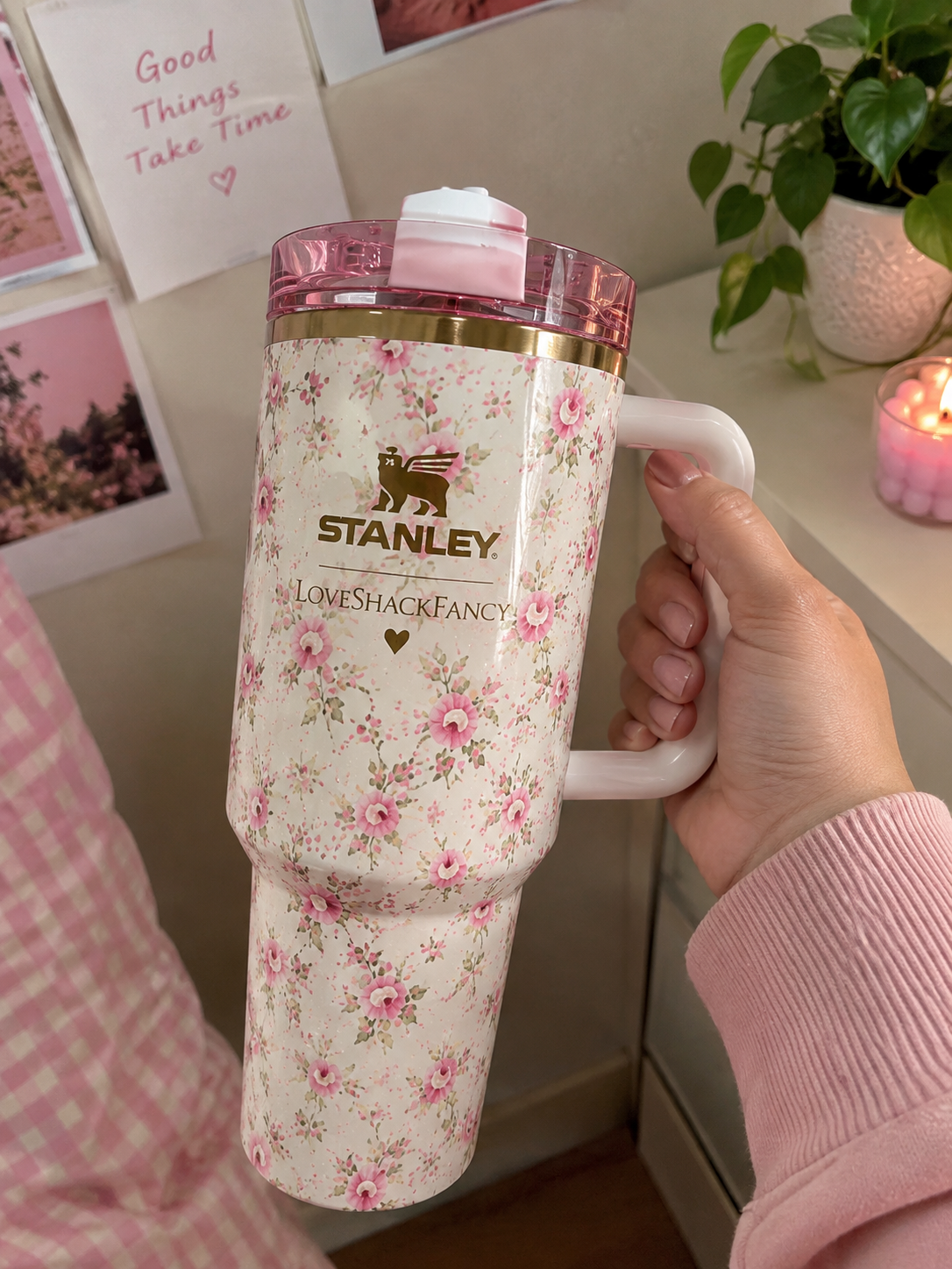 Pink Floral Tumbler with Handle – Insulated Travel Cup with Straw | Cute Reusable Coffee & Water Cup