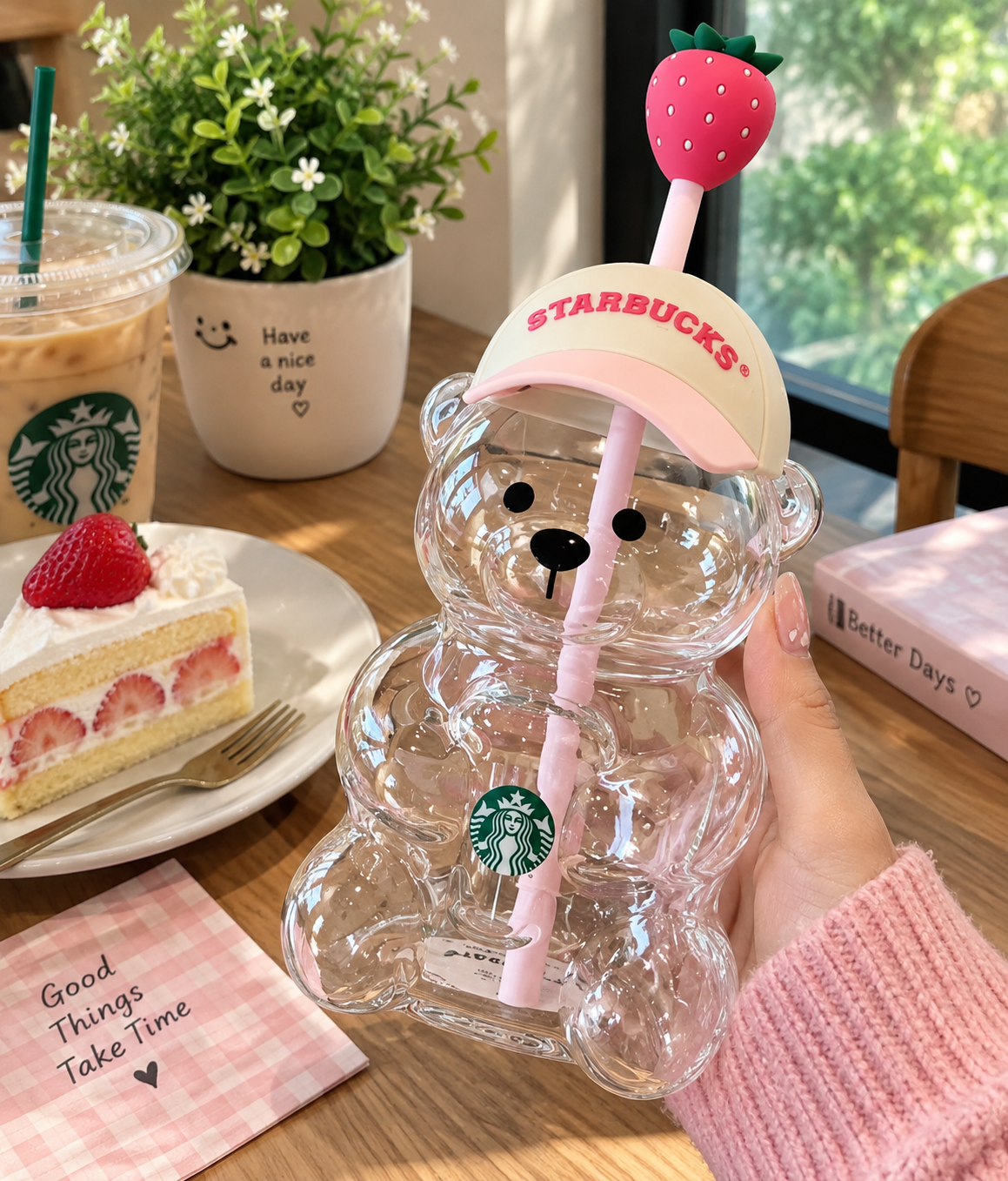 Strawberry Bear Tumbler with Straw & Lid – Cute Bear-Shaped Reusable Drinking Cup, Pink Aesthetic Drinkware