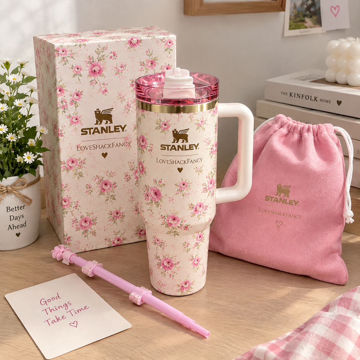Pink Floral Tumbler with Handle – Insulated Travel Cup with Straw | Cute Reusable Coffee & Water Cup