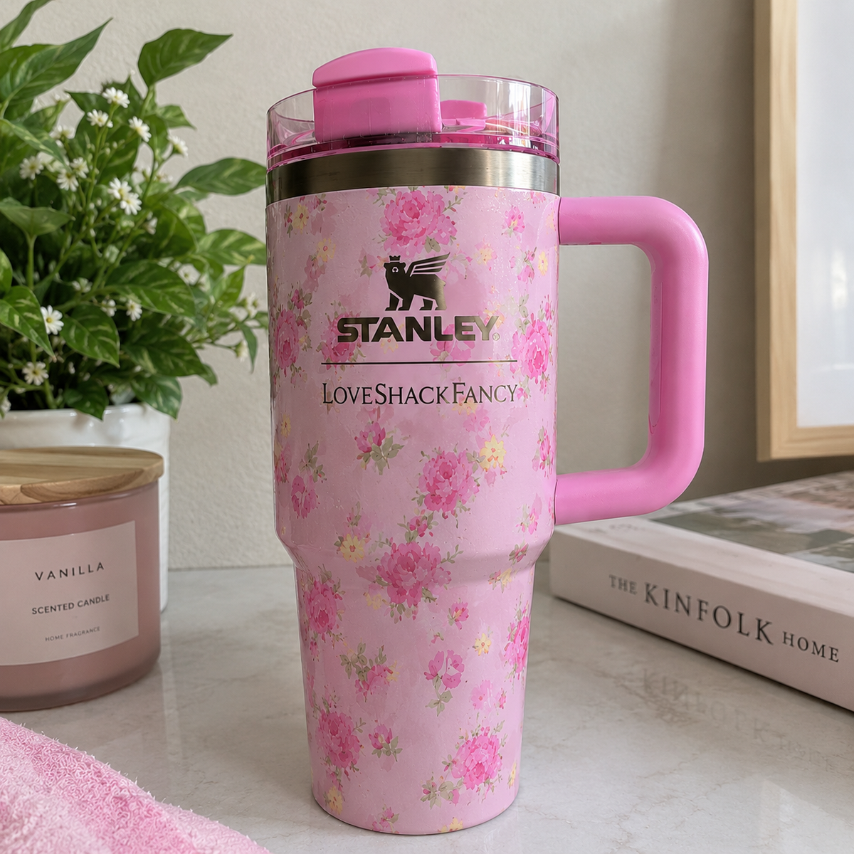 Pink Floral Tumbler with Handle & Straw – 40 oz Insulated Travel Cup with Gift Box