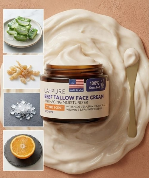 LA·PURE Beef Tallow Face Cream – Anti-Aging Moisturizer with Vitamin E & Hyaluronic Acid