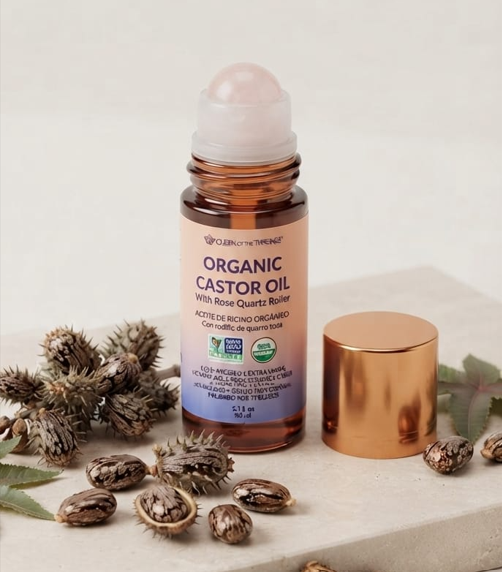 Organic Castor Oil with Rose Quartz Roller 100ml – Natural Roll-On Oil for Skin, Brows & Hair Care
