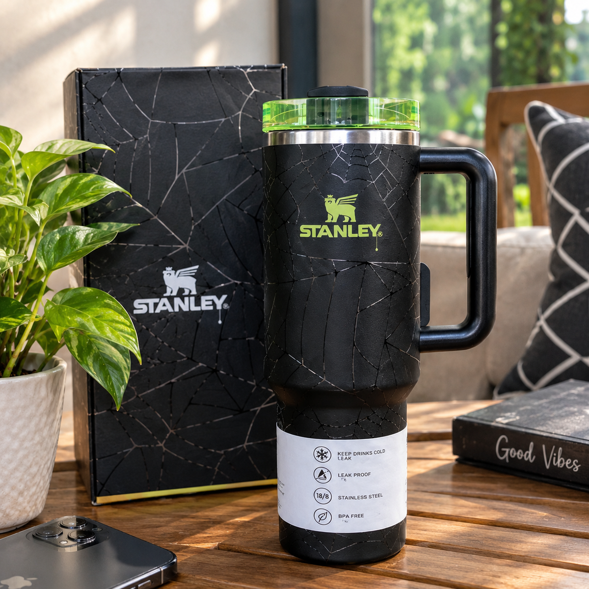 Black Spider Web Tumbler with Handle – Insulated Travel Cup with Lid & Reusable Straw