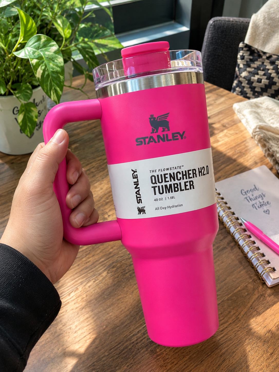Hot Pink 40 oz Insulated Tumbler with Handle & Straw – Large Reusable Travel Cup