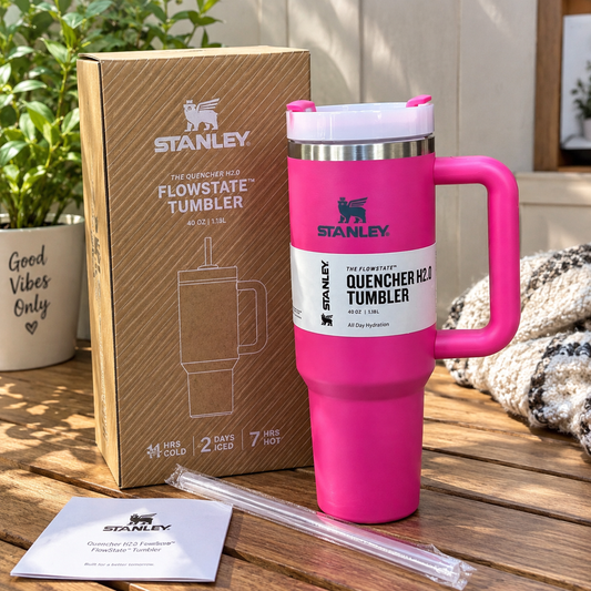 Hot Pink 40 oz Insulated Tumbler with Handle & Straw – Large Reusable Travel Cup