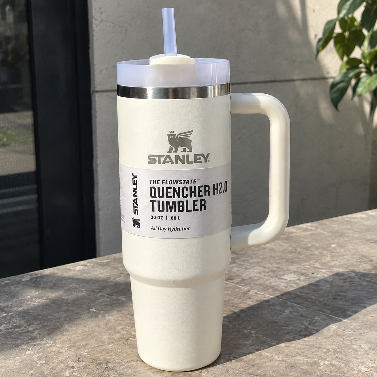 White 30 oz Insulated Tumbler with Handle & Straw – Reusable Travel Cup with Lid
