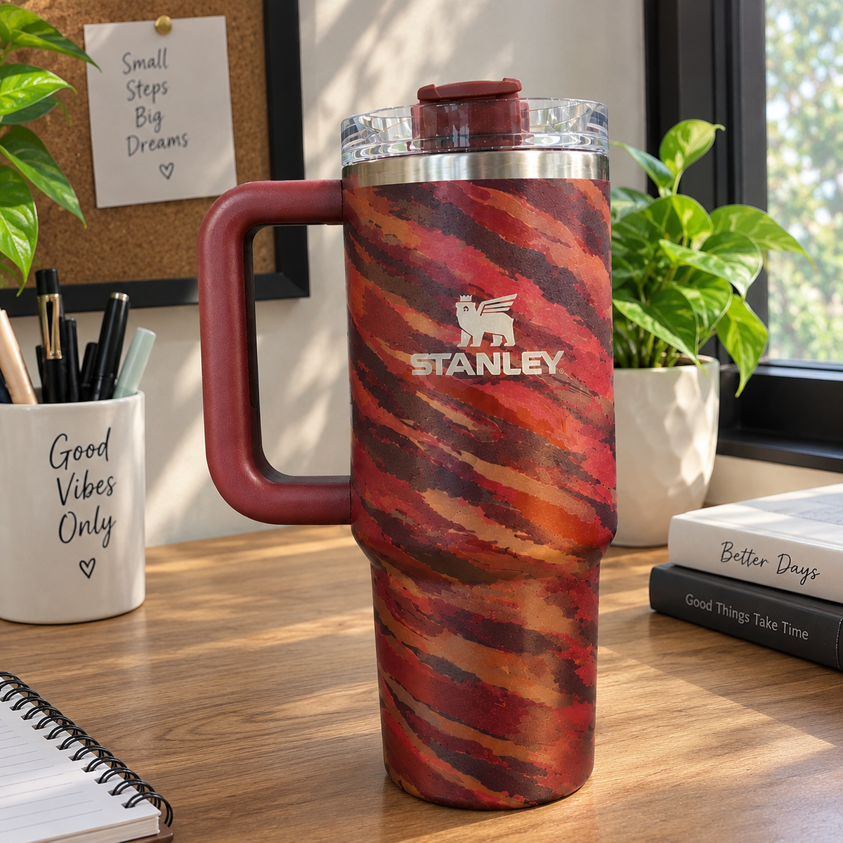 Camo Insulated Tumbler with Handle & Straw – Large Reusable Travel Cup with Lid