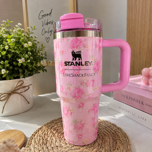 Pink Floral Tumbler with Handle & Straw – 40 oz Insulated Travel Cup with Gift Box