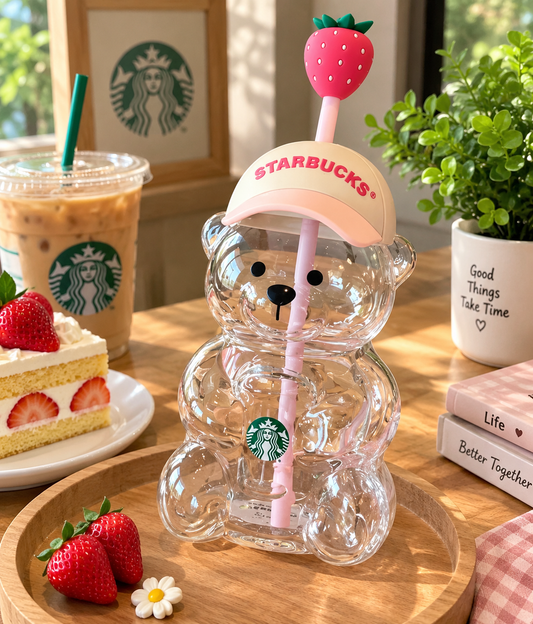 Strawberry Bear Tumbler with Straw & Lid – Cute Bear-Shaped Reusable Drinking Cup, Pink Aesthetic Drinkware
