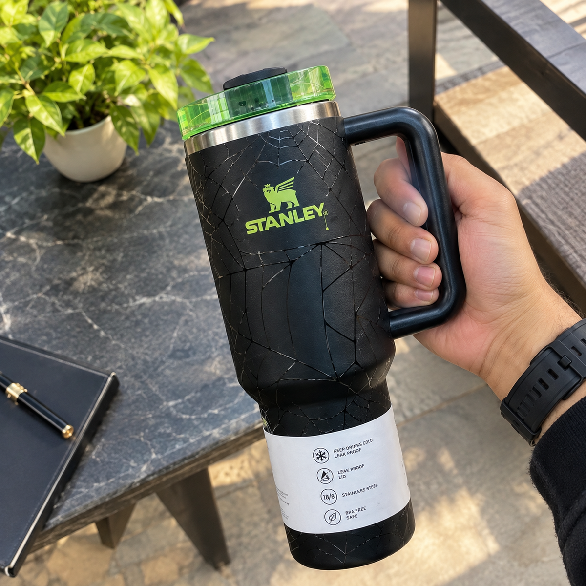 Black Spider Web Tumbler with Handle – Insulated Travel Cup with Lid & Reusable Straw