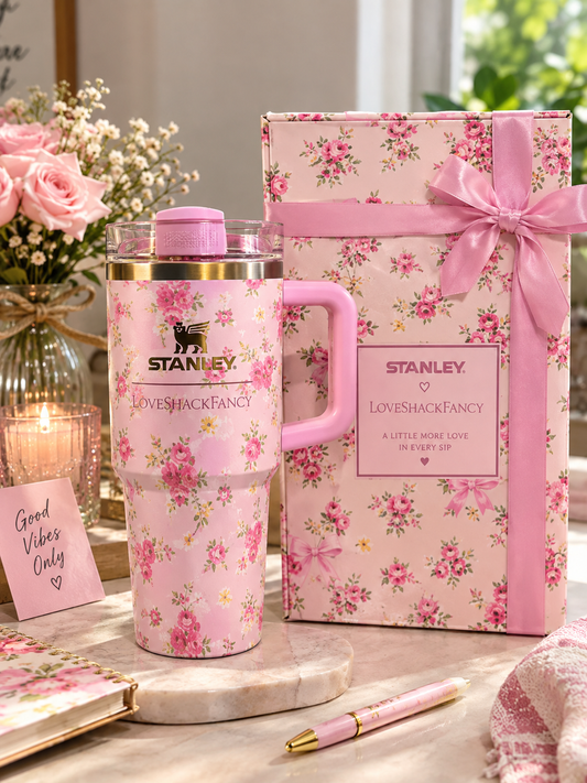 Pink Floral Tumbler with Handle & Straw – 40 oz Insulated Travel Cup with Gift Box