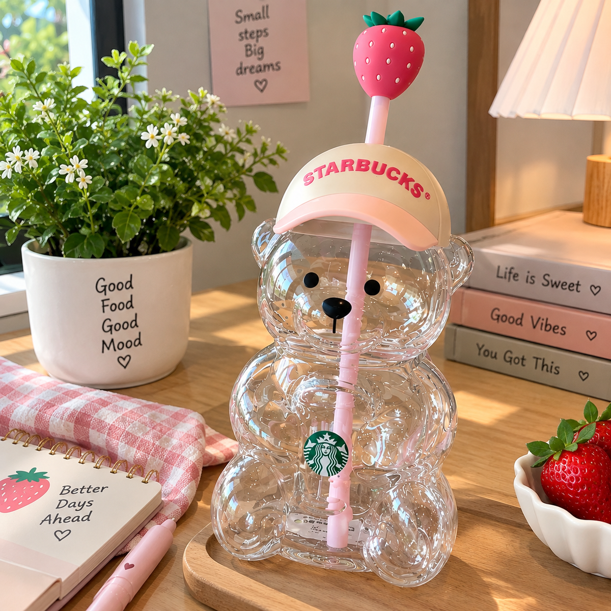 Strawberry Bear Tumbler with Straw & Lid – Cute Bear-Shaped Reusable Drinking Cup, Pink Aesthetic Drinkware