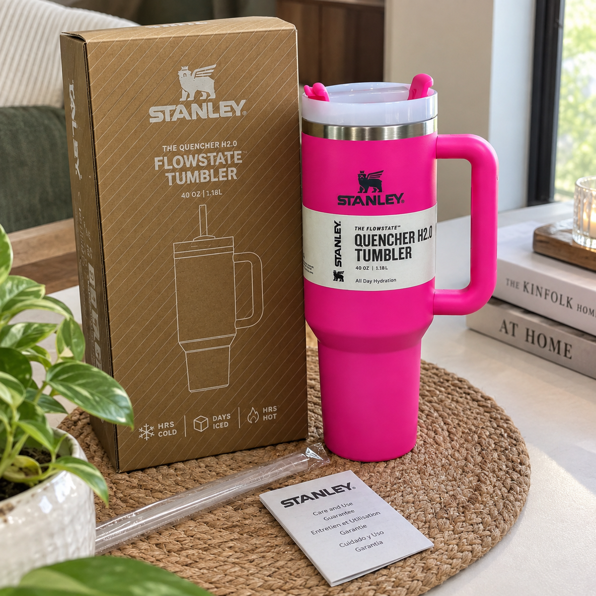 Hot Pink 40 oz Insulated Tumbler with Handle & Straw – Large Reusable Travel Cup
