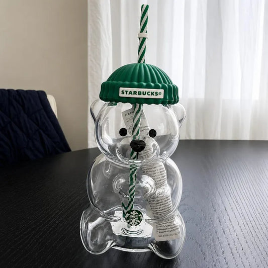 Green Bear Tumbler with Straw & Lid – Cute Bear-Shaped Reusable Drinking Cup, Aesthetic Drinkware